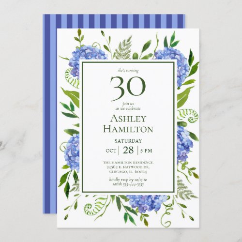 30th Birthday Blue Hydrangeas Invitation