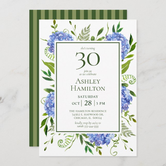 30th Birthday Blue Hydrangeas Invitation (Front/Back)
