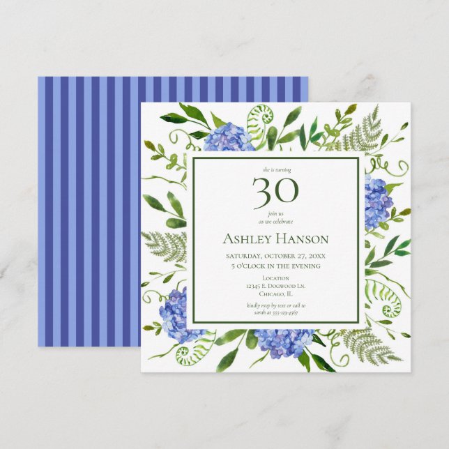 30th Birthday Blue Hydrangeas Invitation (Front/Back)