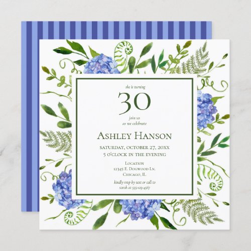 30th Birthday Blue Hydrangeas Invitation