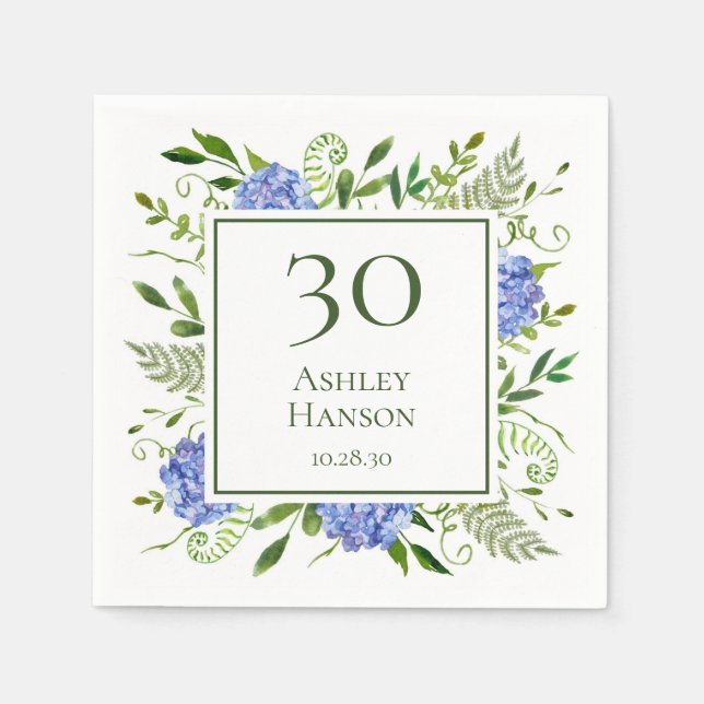 30th Birthday Blue Hydrangeas Napkins (Front)
