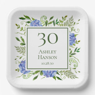 30th Birthday Blue Hydrangeas Paper Plates