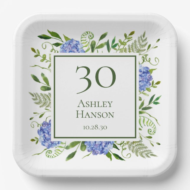 30th Birthday Blue Hydrangeas Paper Plates (Front)