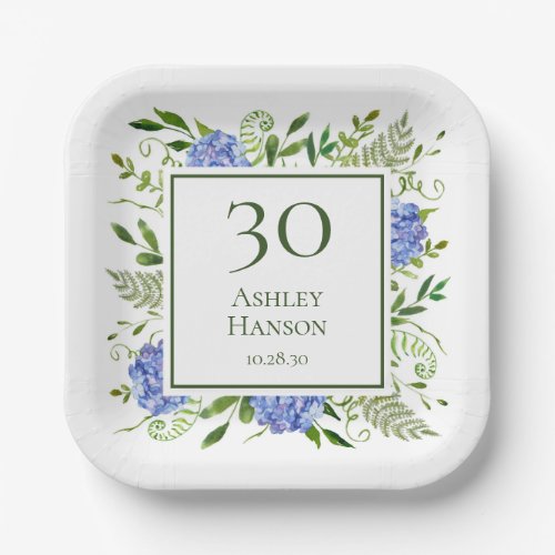 30th Birthday Blue Hydrangeas Paper Plates