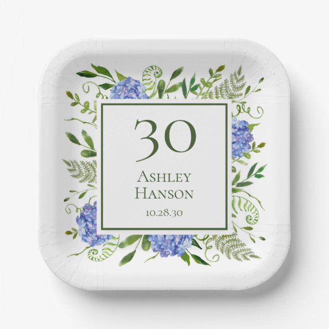 30th Birthday Blue Hydrangeas Paper Plates (Front)