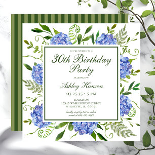 30th Birthday Blue Hydrangeas Script Invitation