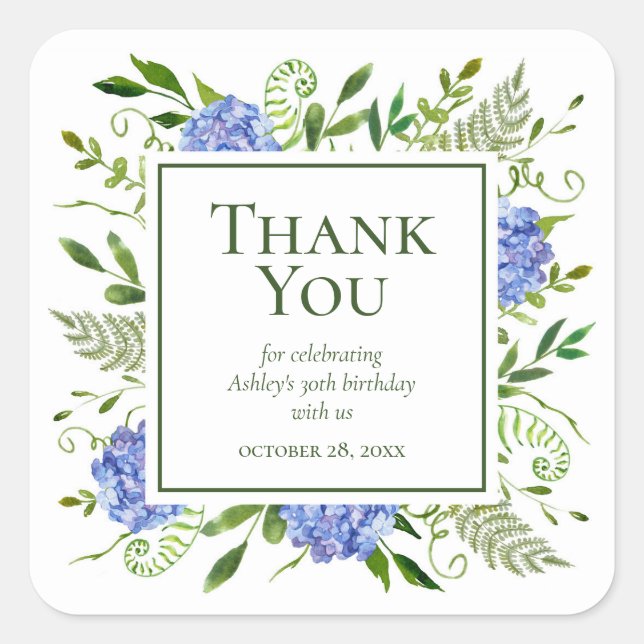 30th Birthday Blue Hydrangeas Thank You Square Sticker (Front)