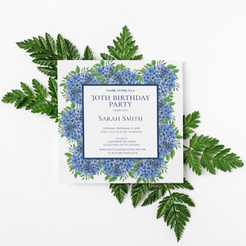 30th Birthday Blue Hydrangeas Watercolor Party Inv Invitation