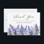 30th Birthday Blue July Birth Flower Custom Flat Thank You Card<br><div class="desc">Elegant blue larkspur flowers create a pretty flat birthday thank you card. Larkspur or delphinium wildflowers are the July Birth Flower. So this is a perfect floral design for a July birthday. Open and airy script spells thank you. Two lines of text let you personalize a thank you statement and...</div>