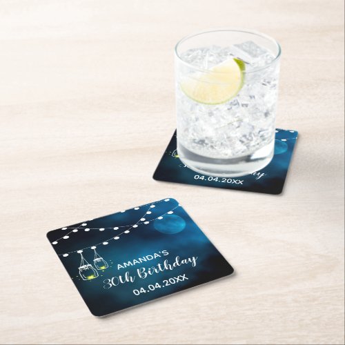 30th birthday blue moon light strings name square paper coaster