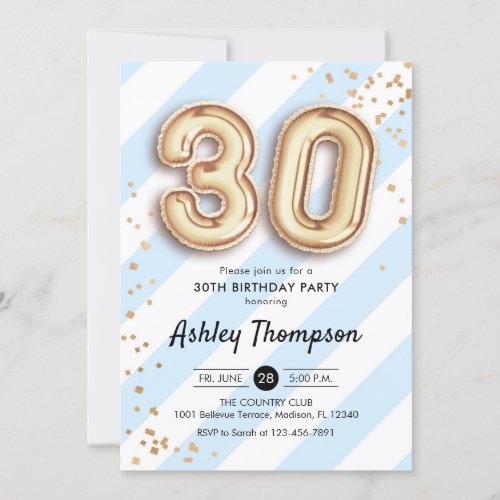 30th Birthday _ Blue Stripes Gold Balloons Invitation