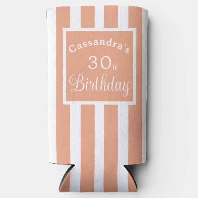 30th Birthday Blush Peach Stripe Classy Seltzer Can Cooler (Front)