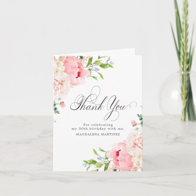 30th Birthday Blush Pink Peony Floral Folded Thank You Card (Front)