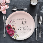 30th birthday blush pink rose gold floral paper plates<br><div class="desc">A paper plate for a 30th birthday party. A girly and elegant soft rose gold ombre background. Decorated with dark purple, burgundy and rose pink colored flowers. Templates for a name and a date. The text: 30th Birthday is written in dark gray with a large modern hand lettered style script....</div>