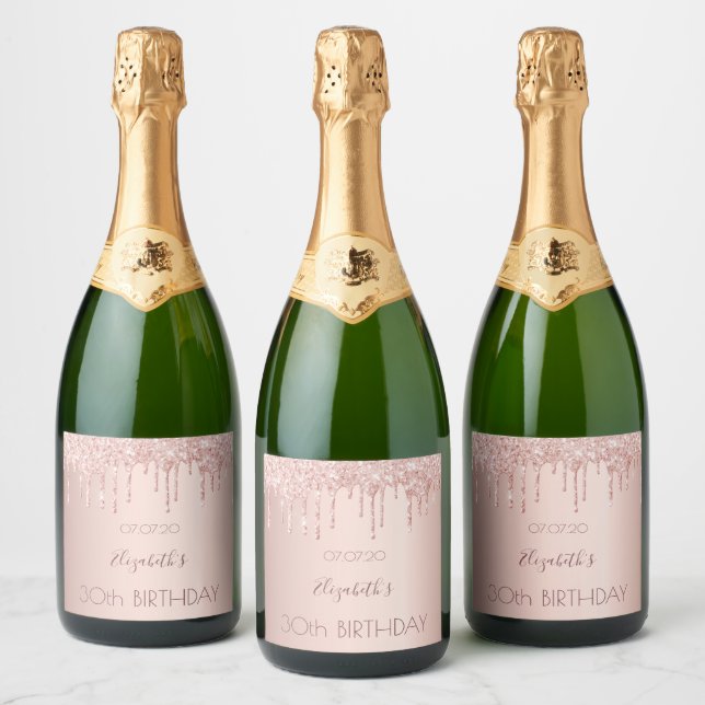 30th birthday blush rose gold drips name sparkling wine label (Bottles)