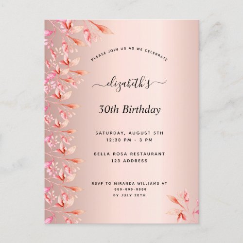 30th birthday blush rose gold floral invitation postcard