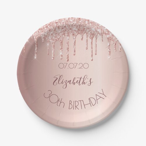 30th birthday blush rose gold glitter drips name paper plates