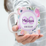 30th birthday boho chic watercolored pink flowers coffee mug<br><div class="desc">Romantic,  bohemian,  boho style for a 30th birthday girl. Soft,  feminine watercolored flowers in pink,  green and peach colors with green foliage on a white background.
Template for a name,  age and date,  purple letters. The age number 30 in pink.</div>