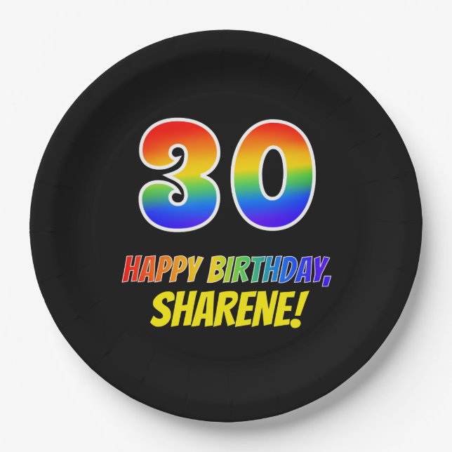 30th Birthday: Bold, Fun, Simple, Rainbow 30 Paper Plates (Front)