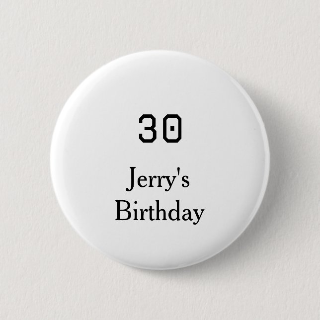 30th birthday bold letter name date simple minimal button (Front)