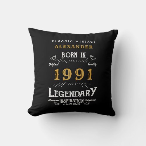 30th Birthday Born 1991 Retro Black Personalized Throw Pillow