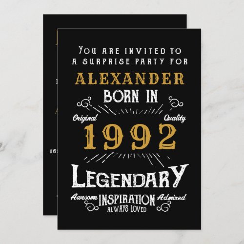 30th Birthday Born 1992 Black Gold Retro Vintage Invitation