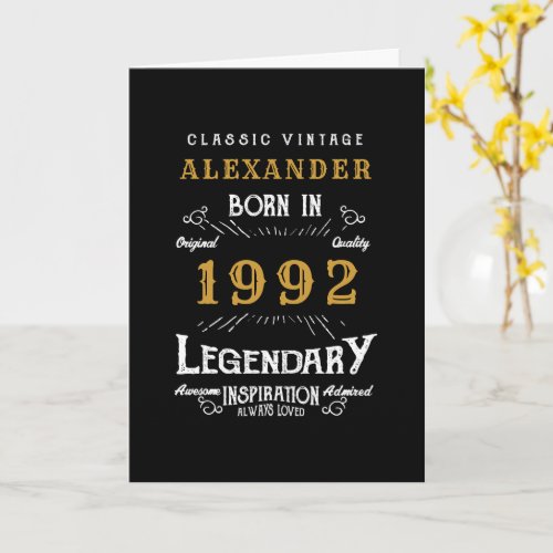 30th Birthday Born 1992 Vintage Black Gold Card
