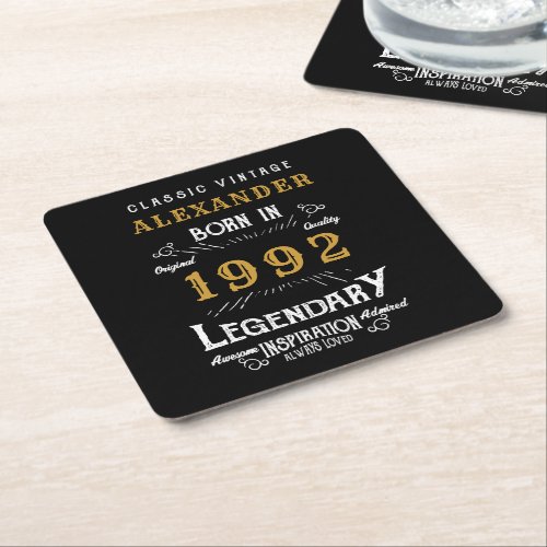 30th Birthday Born 1992 Vintage Black Gold Square Paper Coaster