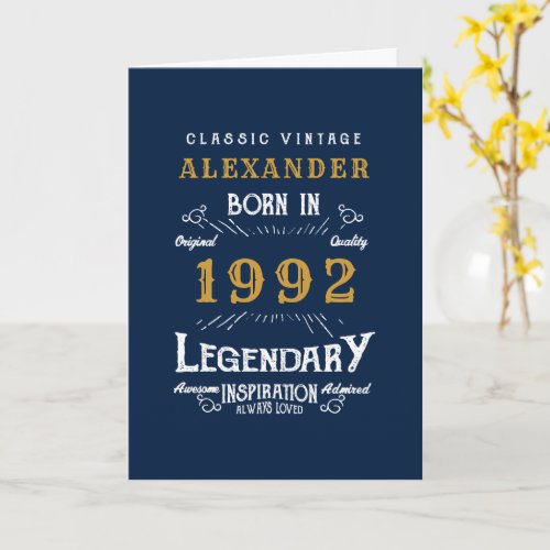 30th Birthday Born 1992 Vintage Blue Gold Card