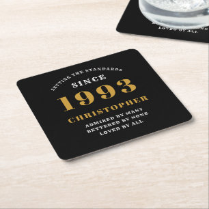 30th Birthday Born 1993 Add Name Black Gold Square Paper Coaster