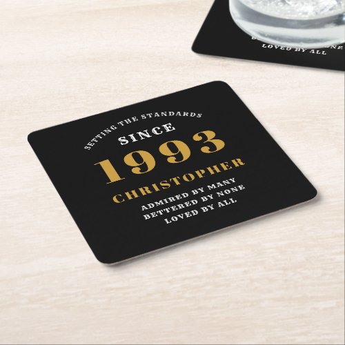 30th Birthday Born 1993 Add Name Black Gold Square Paper Coaster