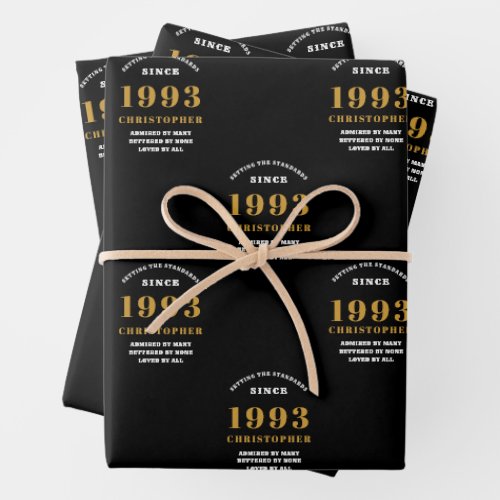 30th Birthday born 1993 Add Name Black Gold Wrapping Paper Sheets