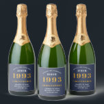 30th Birthday Born 1993 Add Name Blue Gold Sparkling Wine Label<br><div class="desc">Personalized Birthday add your name and year sparkling wine label. Edit the name and year with the template provided. A wonderful custom blue birthday party accessory. More gifts and party supplies available with the "setting standards" design in the store.</div>