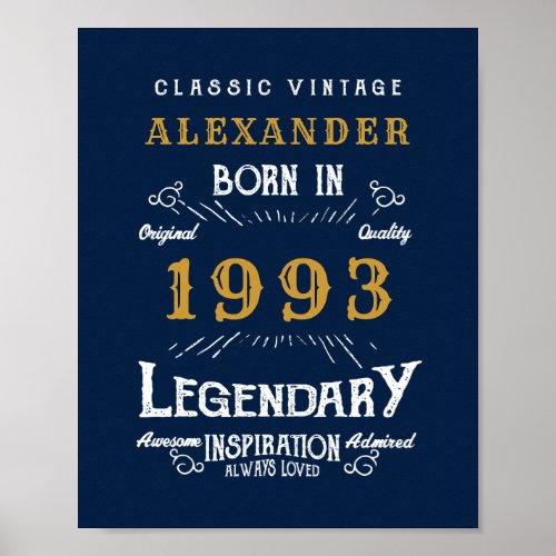 30th Birthday Born 1993 Add Name Legend Blue Gold Poster
