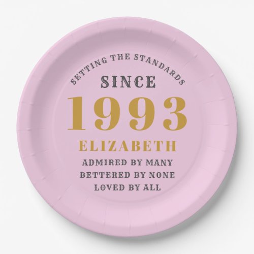 30th Birthday Born 1993 Add Name Pink Gray Paper Plates