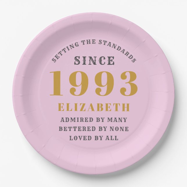30th Birthday Born 1993 Add Name Pink Gray Paper Plates (Front)