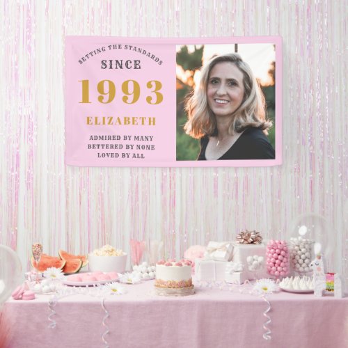 30th Birthday Born 1993 Add Name Pink Gray Photo Banner