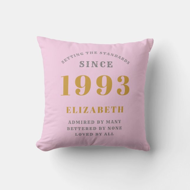 30th Birthday Born 1993 Add Name Pink Gray Throw Pillow (Front)