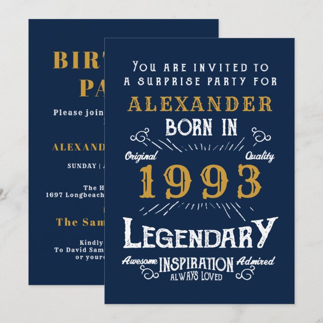 30th Birthday Born 1993 Blue Gold Retro Legend Invitation (Front/Back)