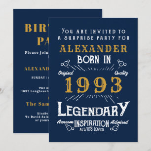 30th Birthday Born 1993 Blue Gold Retro Legend Invitation