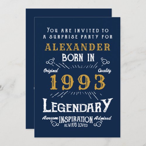 30th Birthday Born 1993 Blue Gold Retro Legend Invitation