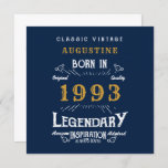 30th Birthday Born 1993 Legend Blue Gold Greeting Card<br><div class="desc">Say Happy Birthday. Add your name,  year and message to this personalized birthday greeting card. A wonderful custom blue birthday card with white and gold vintage style typography. More gifts and party supplies available with the "Legendary" design in the store.</div>