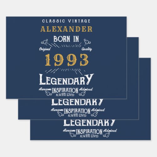 30th Birthday Born 1993 Vintage Blue Gold Legend Wrapping Paper Sheets