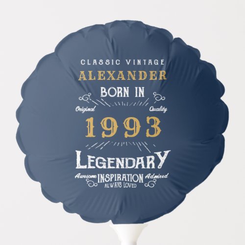 30th Birthday Born 1993 Vintage Legend Blue Gold Balloon