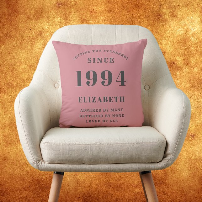 30th Birthday Born 1994 Loved Add Your Name Pink Throw Pillow (Dusty pink and grey 30th birthday personalized cushion throw pillow. Fun for those born in 1994.)