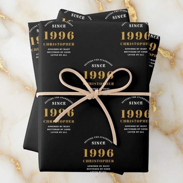 30th Birthday born 1996 Add Name Black Gold Wrapping Paper Sheets (1996 wrapping paper. White and gold background.)