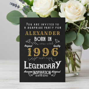 30th Birthday Born 1996 Black Gold Retro Vintage Invitation