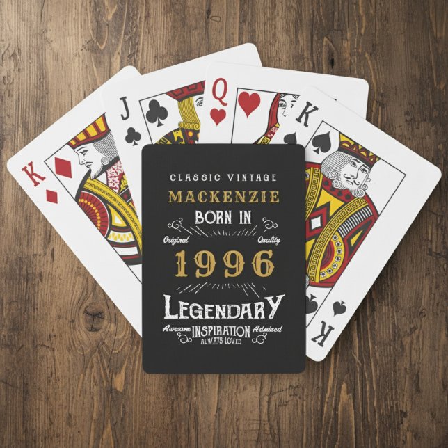 30th Birthday Born 1996 Legend Black Gold Poker Cards (Born 1996 playing cards. Wood background.)