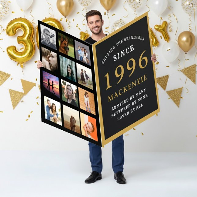 30th Birthday Born 1996 Photo Template Giant Card (1996 giant birthday card with photos. White and gold background.)