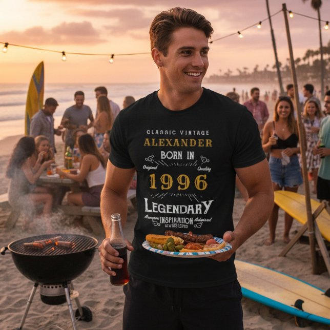 30th Birthday Born in 1996 Legend Personalized T-Shirt (1996 birthday t-shirt worn at a beach. )